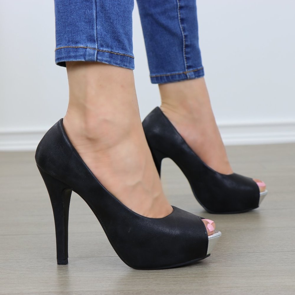 Sexy Black Metallic Peep Toe Platform High Heels - Picture 5 of 10